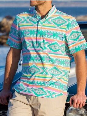 Men's Chubbies En Fuego Wild Half Button Short Sleeve Aztec Print Button Polo M